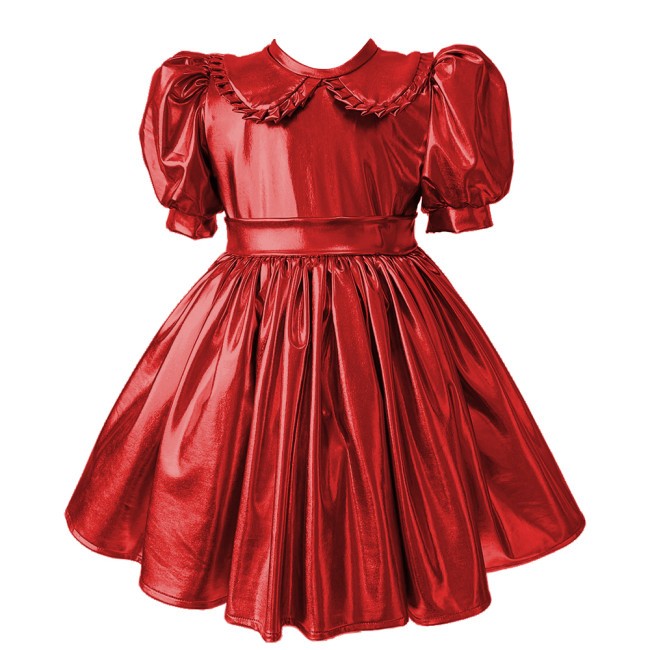 Sissy Metallic Shiny Doll Collar A-line Mini Dress Puff Short Sleeves Pleat Lolita Dress Halloween Role Play Theme Party Costume