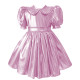 Sissy Metallic Shiny Doll Collar A-line Mini Dress Puff Short Sleeves Pleat Lolita Dress Halloween Role Play Theme Party Costume