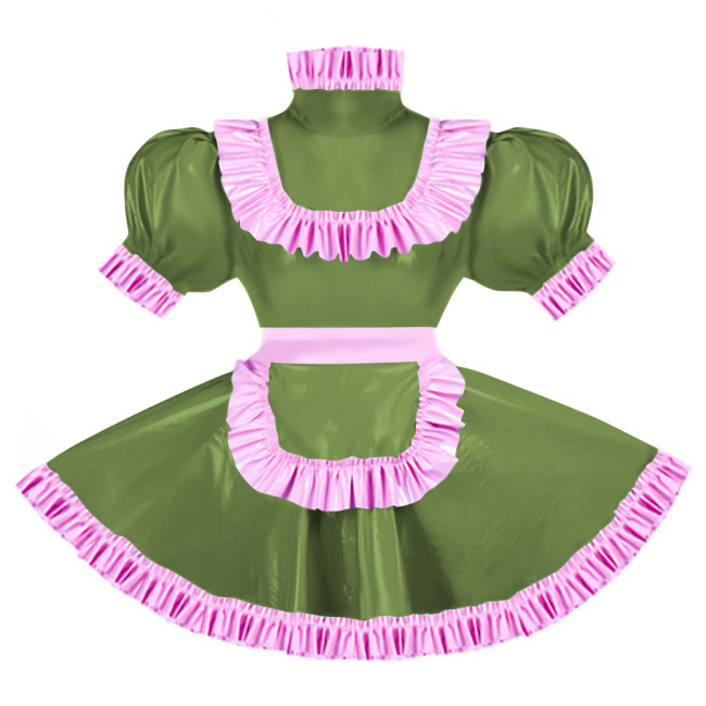 Sissy Pink Ruffles French Apron Maid Dress Lockable PVC Patent Leather A-line Maid Fancy Dress Cosplay Uniform Rave Party Outfit
