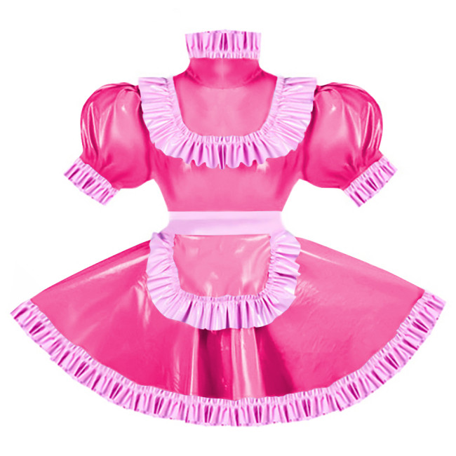 Sissy Pink Ruffles French Apron Maid Dress Lockable PVC Patent Leather A-line Maid Fancy Dress Cosplay Uniform Rave Party Outfit