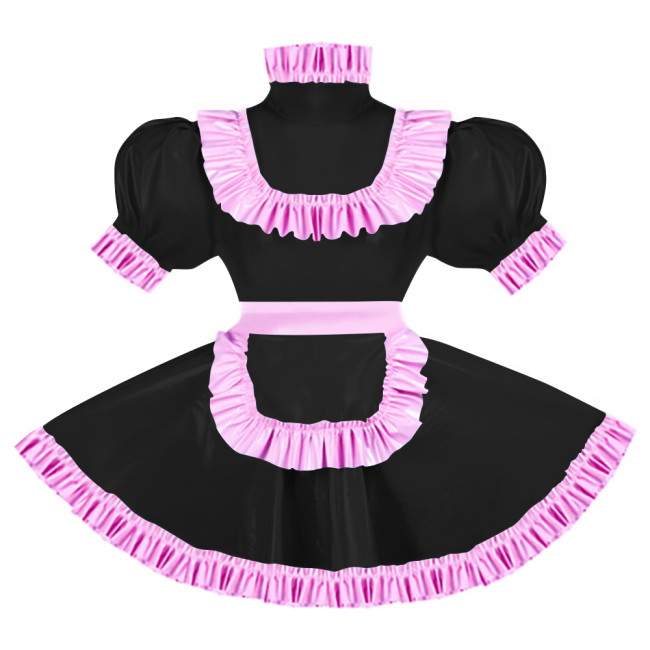 Sissy Pink Ruffles French Apron Maid Dress Lockable PVC Patent Leather A-line Maid Fancy Dress Cosplay Uniform Rave Party Outfit