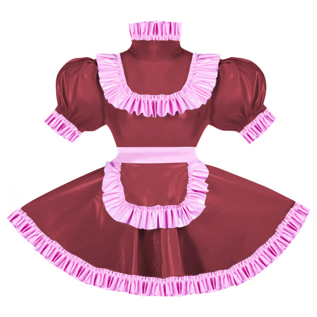 Sissy Pink Ruffles French Apron Maid Dress Lockable PVC Patent Leather A-line Maid Fancy Dress Cosplay Uniform Rave Party Outfit