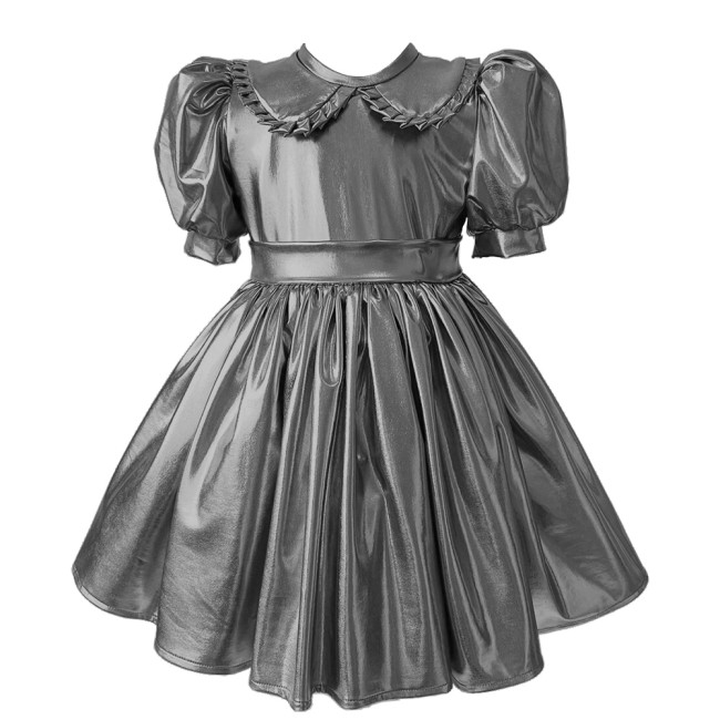 Sissy Metallic Shiny Doll Collar A-line Mini Dress Puff Short Sleeves Pleat Lolita Dress Halloween Role Play Theme Party Costume