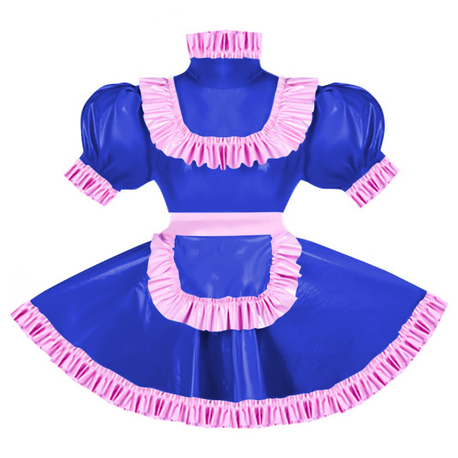 Sissy Pink Ruffles French Apron Maid Dress Lockable PVC Patent Leather A-line Maid Fancy Dress Cosplay Uniform Rave Party Outfit