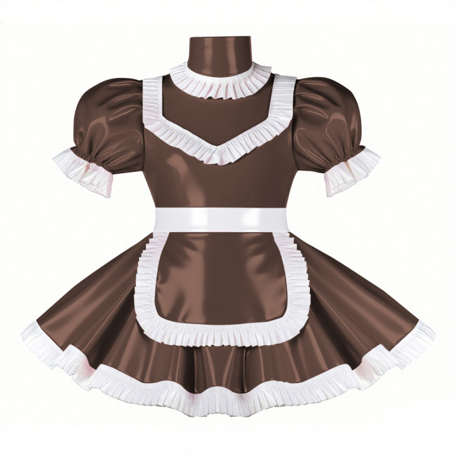 Adult Cross-dresser French Maid Uniform Wetlook PVC Leather Maidservant Cosplay Costume Ruffles Trim Sissy Turtleneck Maid Dress
