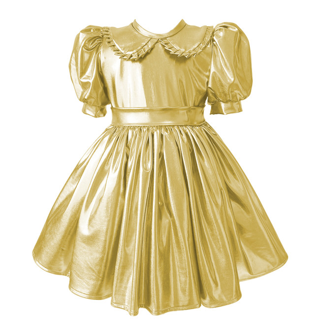 Sissy Metallic Shiny Doll Collar A-line Mini Dress Puff Short Sleeves Pleat Lolita Dress Halloween Role Play Theme Party Costume