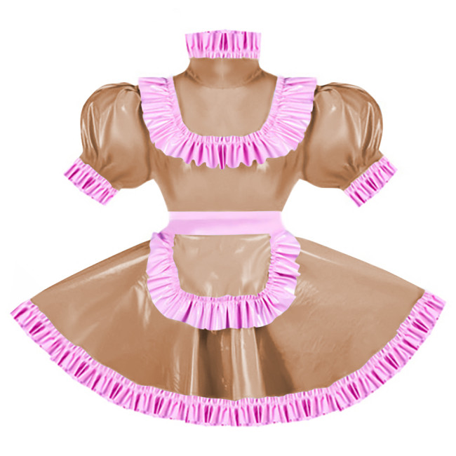 Sissy Pink Ruffles French Apron Maid Dress Lockable PVC Patent Leather A-line Maid Fancy Dress Cosplay Uniform Rave Party Outfit