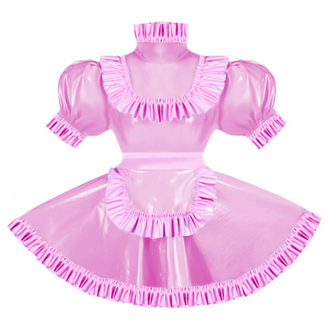 Sissy Pink Ruffles French Apron Maid Dress Lockable PVC Patent Leather A-line Maid Fancy Dress Cosplay Uniform Rave Party Outfit