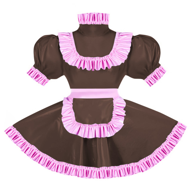 Sissy Pink Ruffles French Apron Maid Dress Lockable PVC Patent Leather A-line Maid Fancy Dress Cosplay Uniform Rave Party Outfit