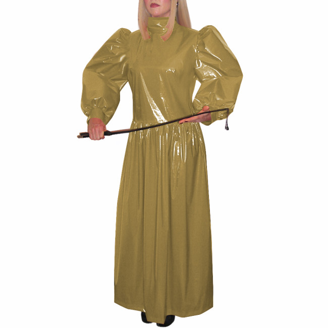 Turtleneck Wetlook Pleated Long Dress Mens Sissy Puff Long Sleeve Vintage Dress Shiny PVC Leather Party Gown Vestido Clubwear