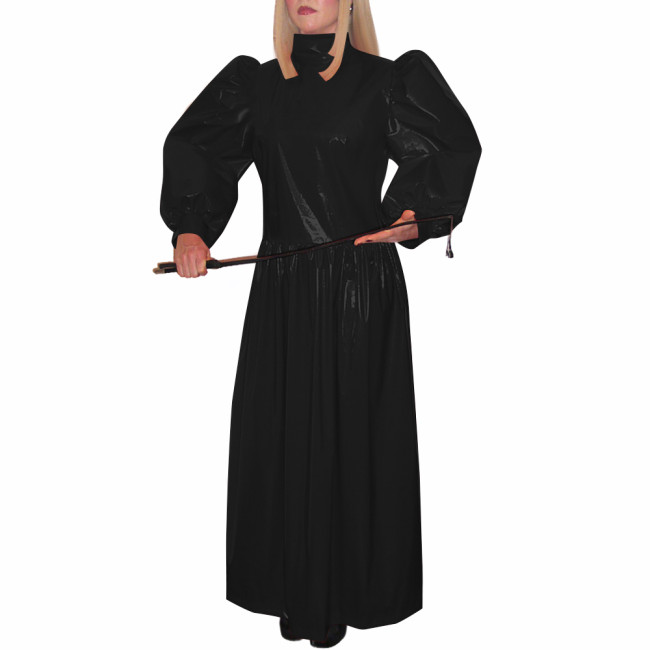 Turtleneck Wetlook Pleated Long Dress Mens Sissy Puff Long Sleeve Vintage Dress Shiny PVC Leather Party Gown Vestido Clubwear