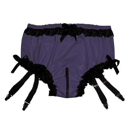 Vinyl PVC Leather Lace Ruffle Garter Belt Panties Sexy Sissy Zipper Open Crotch Knickers Exotic Wetlook Lingerie Nightclub Panty