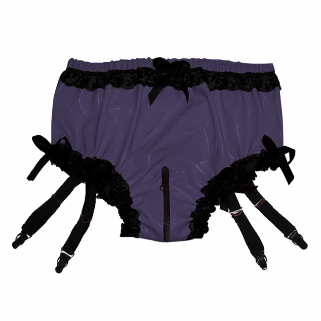 Vinyl PVC Leather Lace Ruffle Garter Belt Panties Sexy Sissy Zipper Open Crotch Knickers Exotic Wetlook Lingerie Nightclub Panty