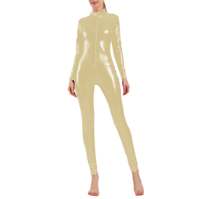 Womens Metallic Shiny Club Catsuit Novelty Zipper Front Long Sleeve Full Body Jumpsuit Rave Party Sexy Cosplay Slim Bodysuit