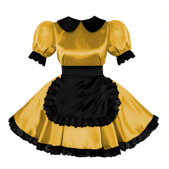 Sweet Peter Pant Collar Satin Maid Dress with Lace Trims Halloween Maid Cosplay Costume Cross-dresser Fancy Servant Uniform 7XL