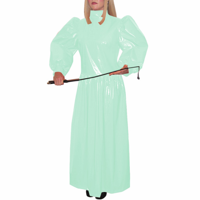 Turtleneck Wetlook Pleated Long Dress Mens Sissy Puff Long Sleeve Vintage Dress Shiny PVC Leather Party Gown Vestido Clubwear