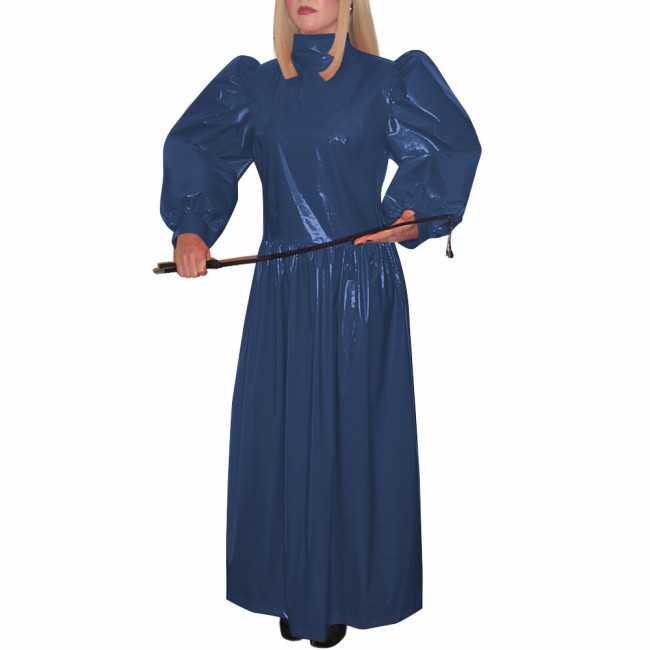 Turtleneck Wetlook Pleated Long Dress Mens Sissy Puff Long Sleeve Vintage Dress Shiny PVC Leather Party Gown Vestido Clubwear