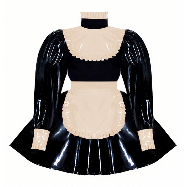 Wetlook Ruffles High Neck Anime Maid Uniforms Sissy Halloween Cosplay Costume Puff Long Sleeve A-line Lolita Dress with Apron