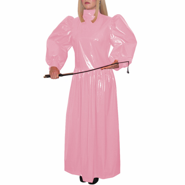 Turtleneck Wetlook Pleated Long Dress Mens Sissy Puff Long Sleeve Vintage Dress Shiny PVC Leather Party Gown Vestido Clubwear