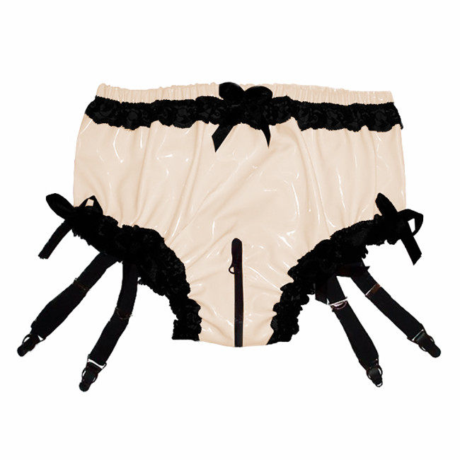 Vinyl PVC Leather Lace Ruffle Garter Belt Panties Sexy Sissy Zipper Open Crotch Knickers Exotic Wetlook Lingerie Nightclub Panty