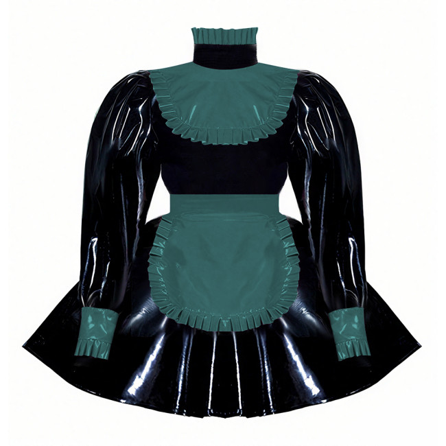 Wetlook Ruffles High Neck Anime Maid Uniforms Sissy Halloween Cosplay Costume Puff Long Sleeve A-line Lolita Dress with Apron