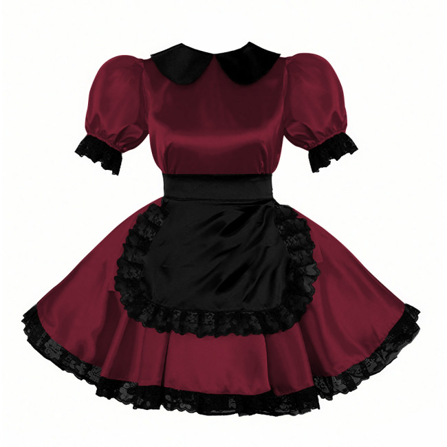Sweet Peter Pant Collar Satin Maid Dress with Lace Trims Halloween Maid Cosplay Costume Cross-dresser Fancy Servant Uniform 7XL