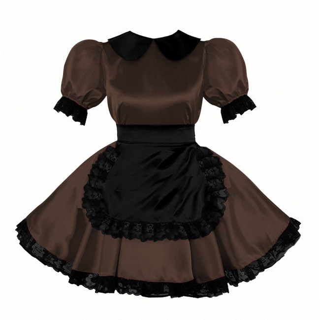 Sweet Peter Pant Collar Satin Maid Dress with Lace Trims Halloween Maid Cosplay Costume Cross-dresser Fancy Servant Uniform 7XL