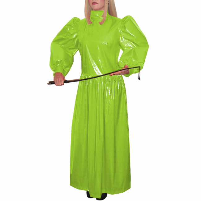 Turtleneck Wetlook Pleated Long Dress Mens Sissy Puff Long Sleeve Vintage Dress Shiny PVC Leather Party Gown Vestido Clubwear