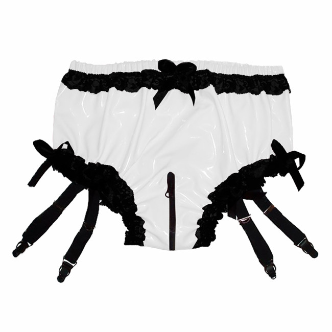 Vinyl PVC Leather Lace Ruffle Garter Belt Panties Sexy Sissy Zipper Open Crotch Knickers Exotic Wetlook Lingerie Nightclub Panty