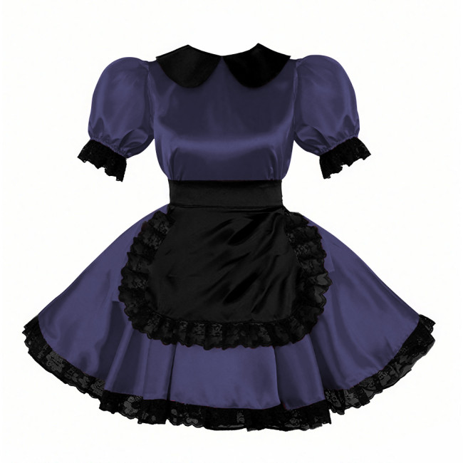 Sweet Peter Pant Collar Satin Maid Dress with Lace Trims Halloween Maid Cosplay Costume Cross-dresser Fancy Servant Uniform 7XL