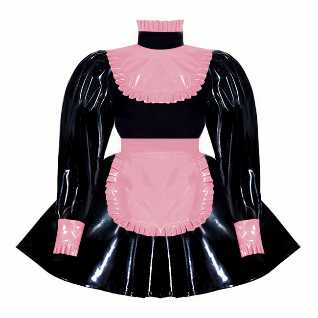 Wetlook Ruffles High Neck Anime Maid Uniforms Sissy Halloween Cosplay Costume Puff Long Sleeve A-line Lolita Dress with Apron