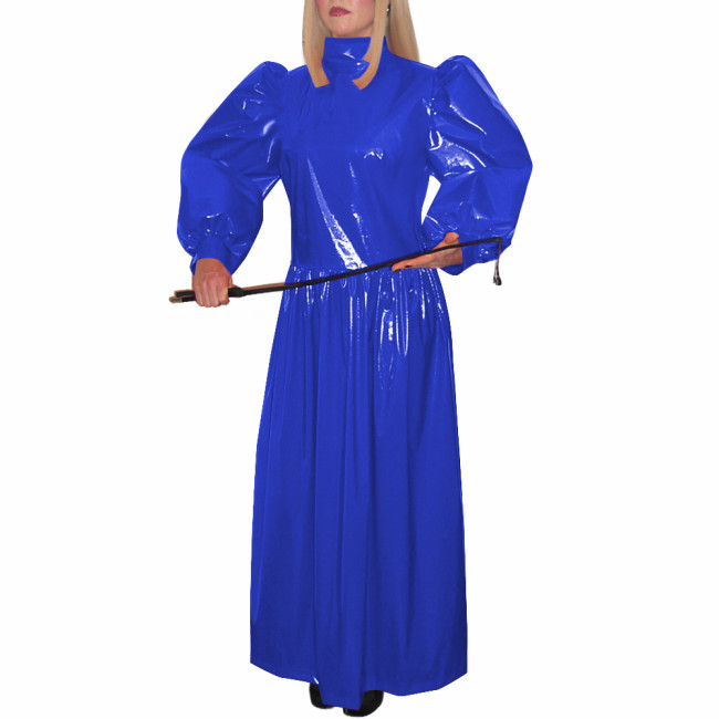Turtleneck Wetlook Pleated Long Dress Mens Sissy Puff Long Sleeve Vintage Dress Shiny PVC Leather Party Gown Vestido Clubwear