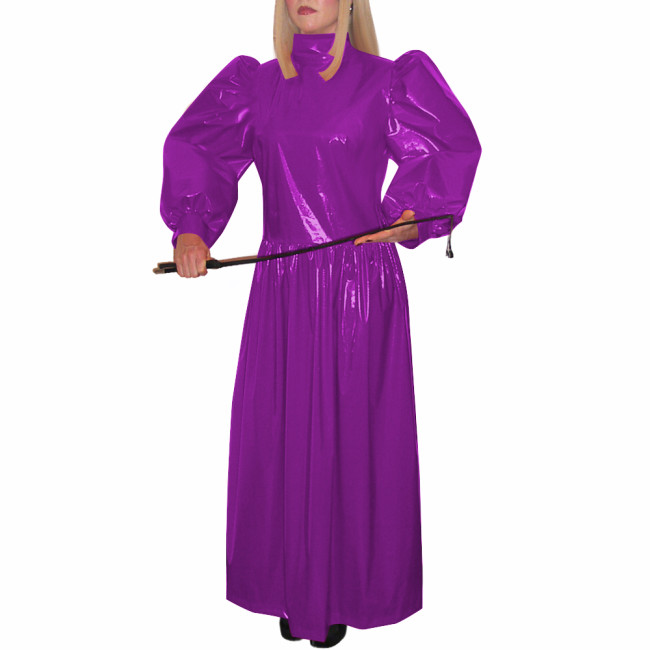 Turtleneck Wetlook Pleated Long Dress Mens Sissy Puff Long Sleeve Vintage Dress Shiny PVC Leather Party Gown Vestido Clubwear
