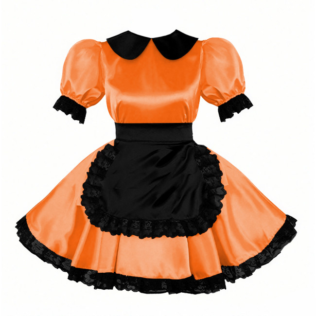 Sweet Peter Pant Collar Satin Maid Dress with Lace Trims Halloween Maid Cosplay Costume Cross-dresser Fancy Servant Uniform 7XL