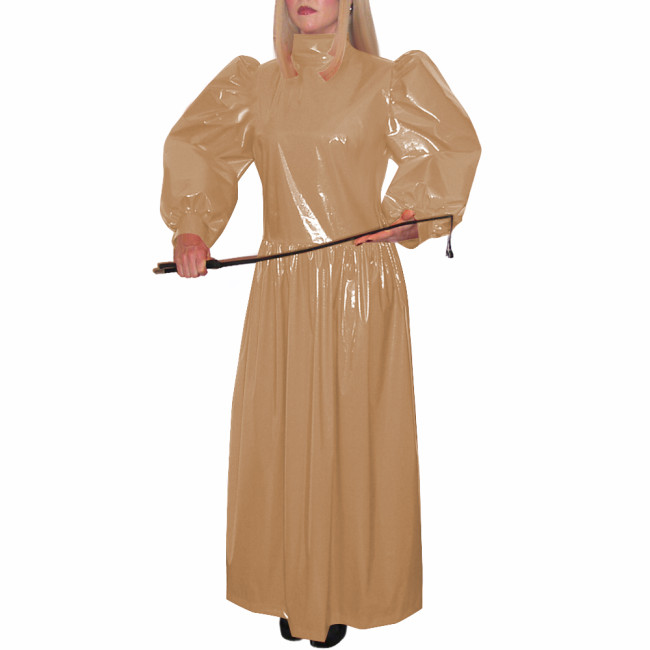 Turtleneck Wetlook Pleated Long Dress Mens Sissy Puff Long Sleeve Vintage Dress Shiny PVC Leather Party Gown Vestido Clubwear