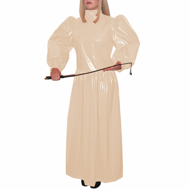 Turtleneck Wetlook Pleated Long Dress Mens Sissy Puff Long Sleeve Vintage Dress Shiny PVC Leather Party Gown Vestido Clubwear