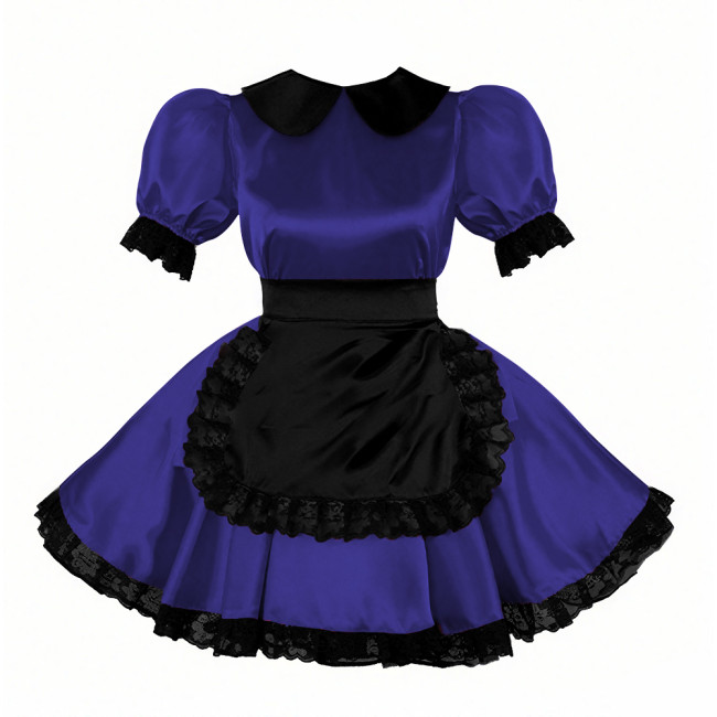 Sweet Peter Pant Collar Satin Maid Dress with Lace Trims Halloween Maid Cosplay Costume Cross-dresser Fancy Servant Uniform 7XL