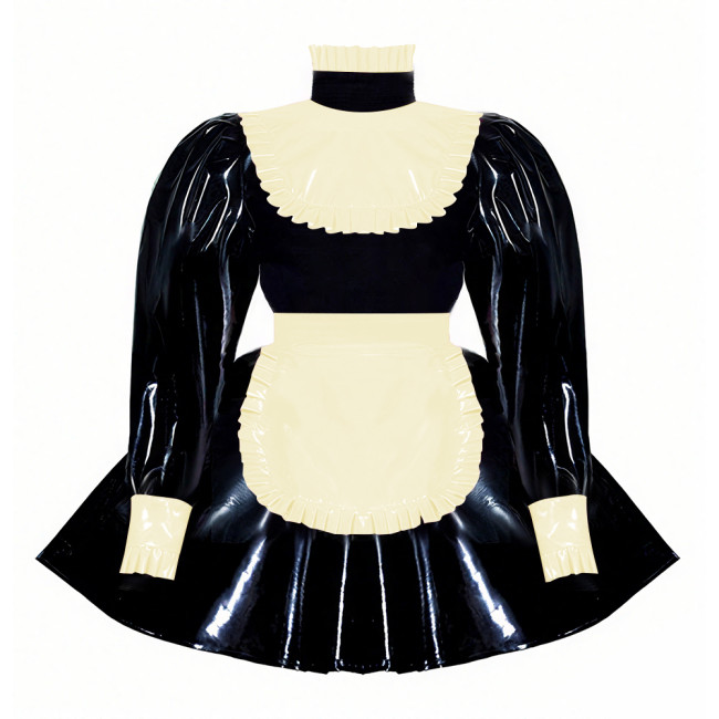 Wetlook Ruffles High Neck Anime Maid Uniforms Sissy Halloween Cosplay Costume Puff Long Sleeve A-line Lolita Dress with Apron