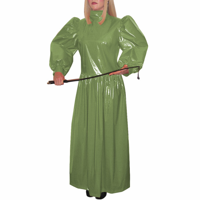 Turtleneck Wetlook Pleated Long Dress Mens Sissy Puff Long Sleeve Vintage Dress Shiny PVC Leather Party Gown Vestido Clubwear