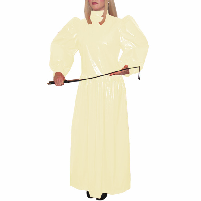 Turtleneck Wetlook Pleated Long Dress Mens Sissy Puff Long Sleeve Vintage Dress Shiny PVC Leather Party Gown Vestido Clubwear