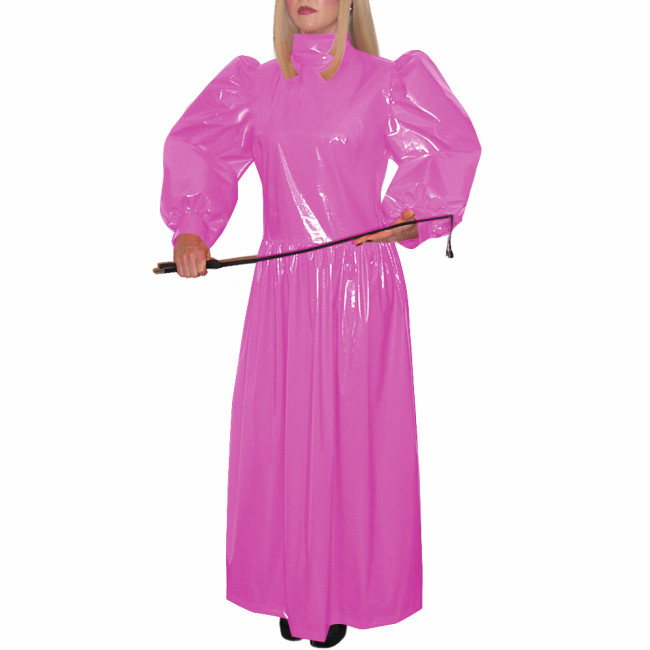 Turtleneck Wetlook Pleated Long Dress Mens Sissy Puff Long Sleeve Vintage Dress Shiny PVC Leather Party Gown Vestido Clubwear
