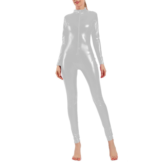 Womens Metallic Shiny Club Catsuit Novelty Zipper Front Long Sleeve Full Body Jumpsuit Rave Party Sexy Cosplay Slim Bodysuit