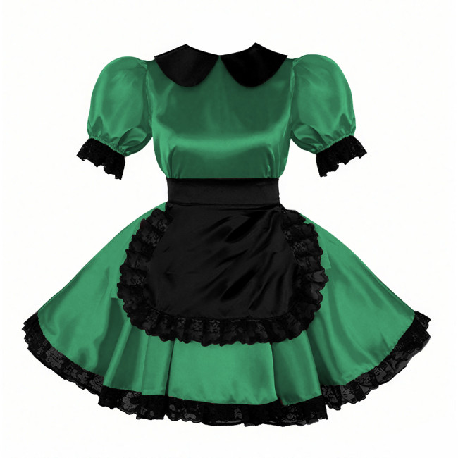 Sweet Peter Pant Collar Satin Maid Dress with Lace Trims Halloween Maid Cosplay Costume Cross-dresser Fancy Servant Uniform 7XL