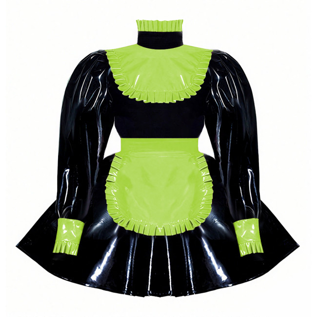 Wetlook Ruffles High Neck Anime Maid Uniforms Sissy Halloween Cosplay Costume Puff Long Sleeve A-line Lolita Dress with Apron