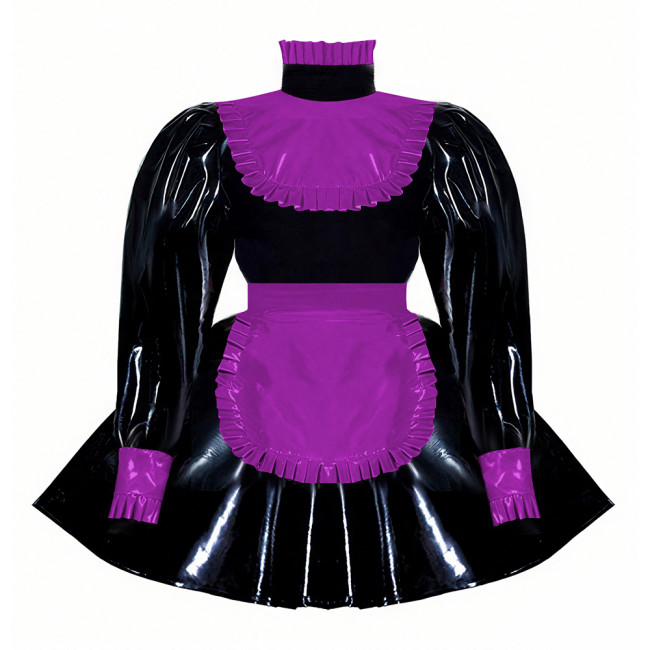 Wetlook Ruffles High Neck Anime Maid Uniforms Sissy Halloween Cosplay Costume Puff Long Sleeve A-line Lolita Dress with Apron