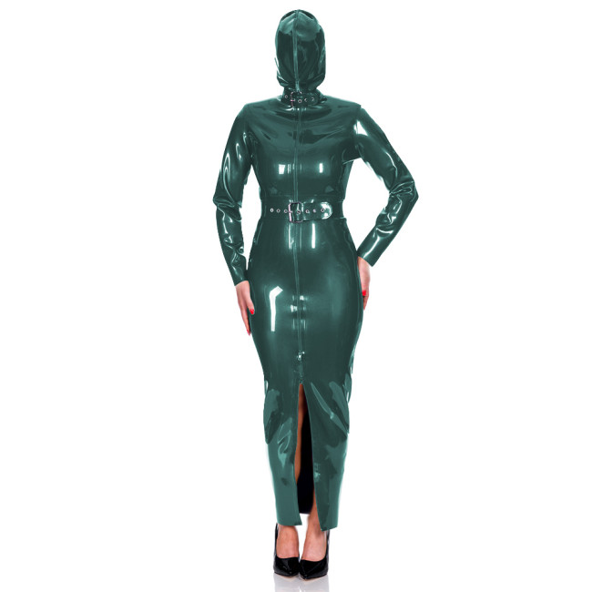 Exotic Club Long Sleeve Bodycon Hoodie Dress Wetlook PVC Leather Long Hobble Pencil Dress with Belt Mens Womens Bondage Bodysuit