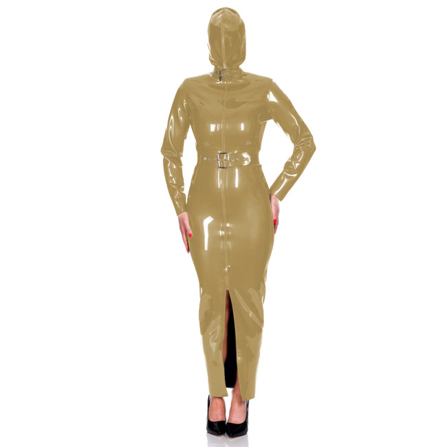 Exotic Club Long Sleeve Bodycon Hoodie Dress Wetlook PVC Leather Long Hobble Pencil Dress with Belt Mens Womens Bondage Bodysuit