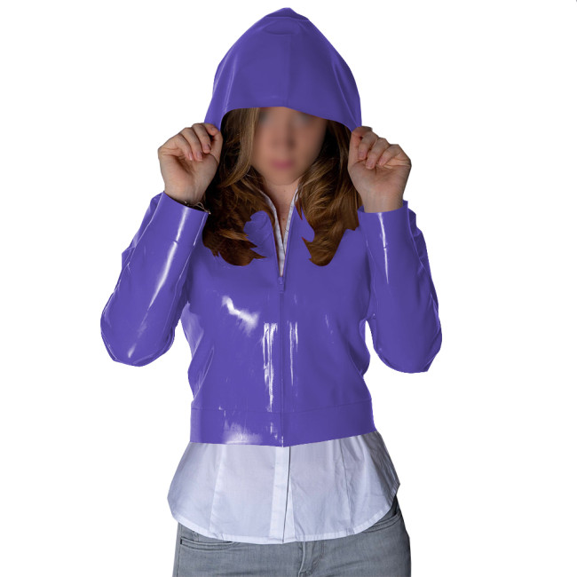 Punk Wetlook Cropped Zipper Up Hoodies Tops Women Streetwear Fashion Casual Ladies Long Sleeves Short Jackets Fetish PVC Coats