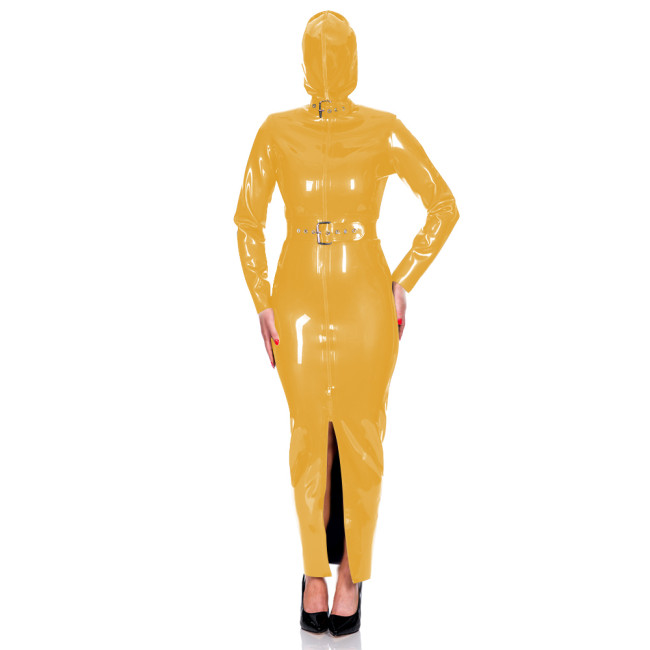 Exotic Club Long Sleeve Bodycon Hoodie Dress Wetlook PVC Leather Long Hobble Pencil Dress with Belt Mens Womens Bondage Bodysuit