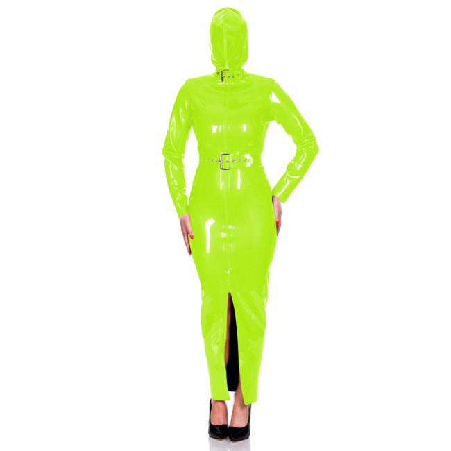 Exotic Club Long Sleeve Bodycon Hoodie Dress Wetlook PVC Leather Long Hobble Pencil Dress with Belt Mens Womens Bondage Bodysuit